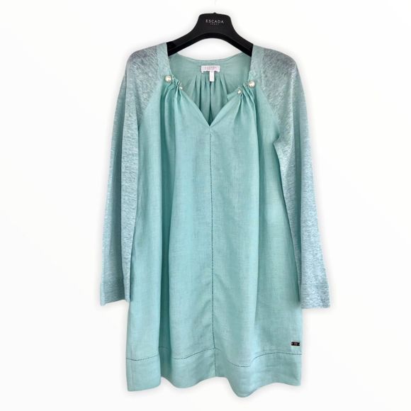 Escada Linen Aqua Pearl Accent Lightweight Tunic Top size 4 in Surf - Picture 1 of 16